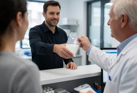 A laboratory technician hands a plastic sample bag to a professional at the reception counter in a modern clinical lab setting.