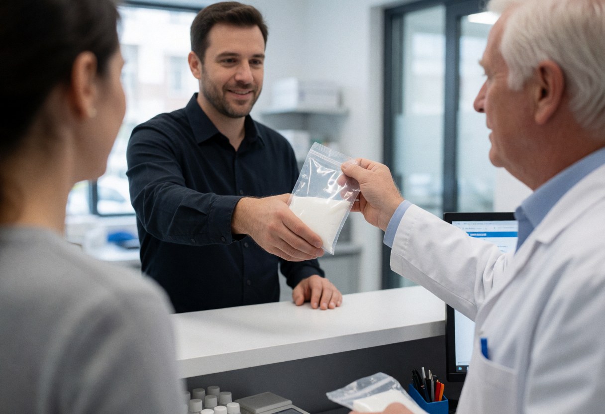 A laboratory technician hands a plastic sample bag to a professional at the reception counter in a modern clinical lab setting.
