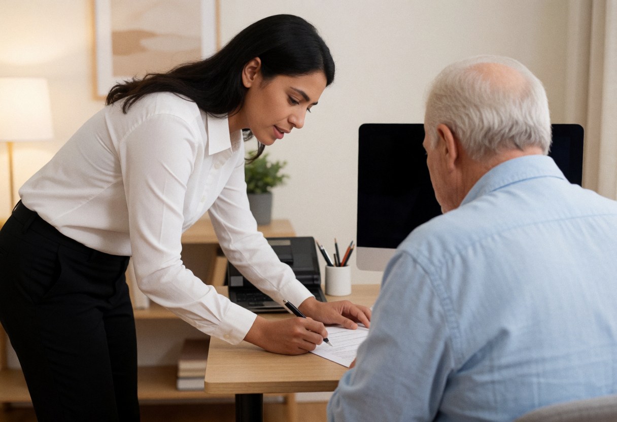 A banker helps a client with banking documents at a desk using a computer and smartphone for home service