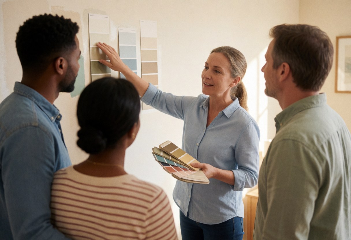An interior designer shows paint swatches to a couple in their living room, explaining wall color options in a warm, natural setting.