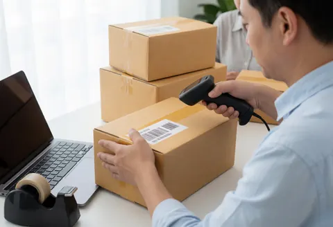 Seller scanning shipping box with handheld scanner, laptop, and tape dispenser on desk in bright office.