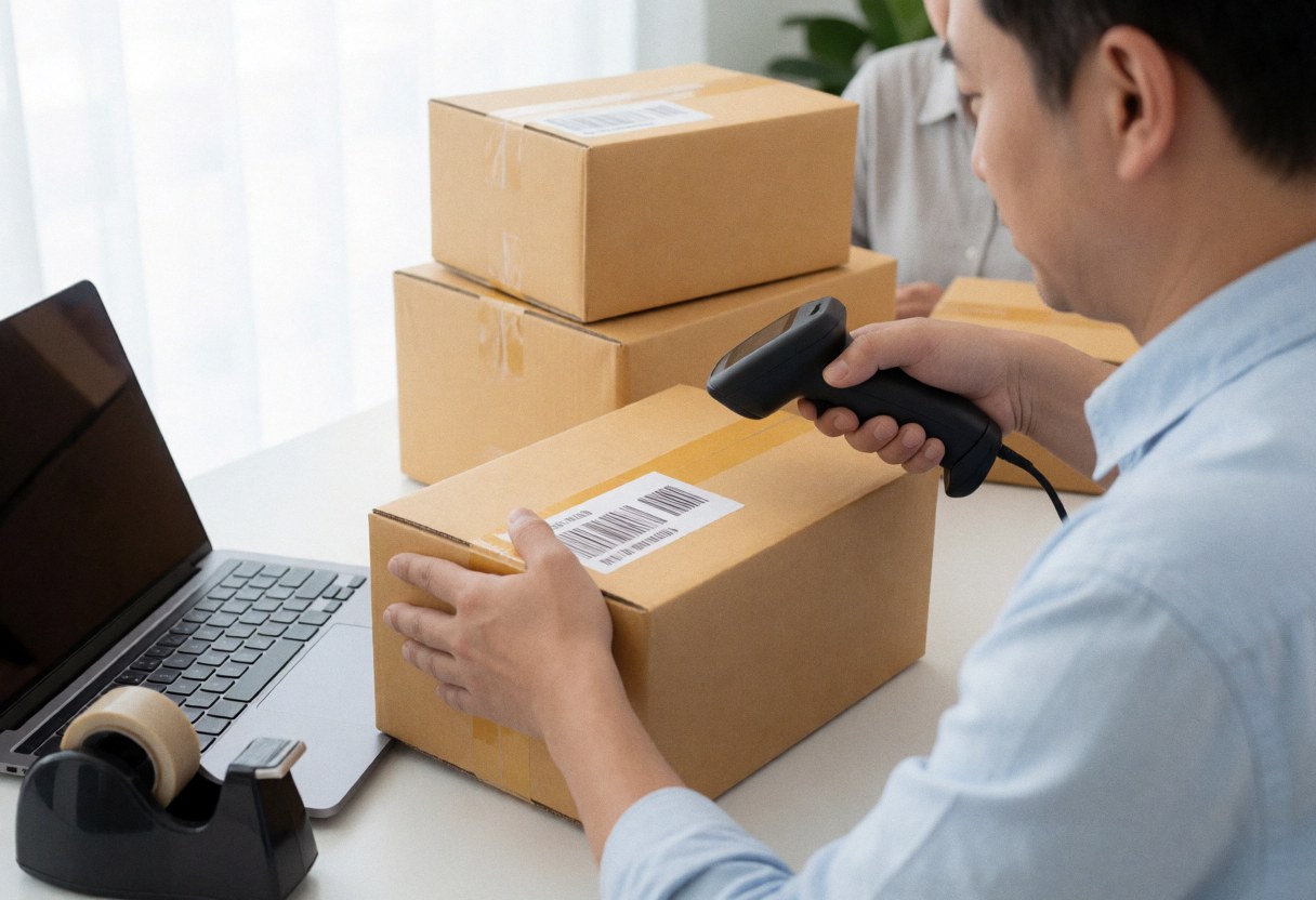 Seller scanning shipping box with handheld scanner, laptop, and tape dispenser on desk in bright office.