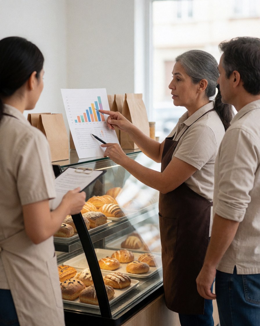 A baker in an apron shows a sales chart to two colleagues near a display case filled with bread, illustrating teamwork in a bakery.