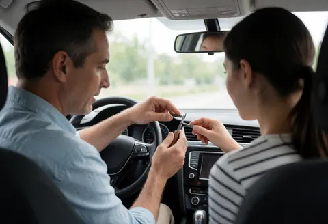 View from inside a vehicle showing a driving instructor and student during a practical lesson on the road
