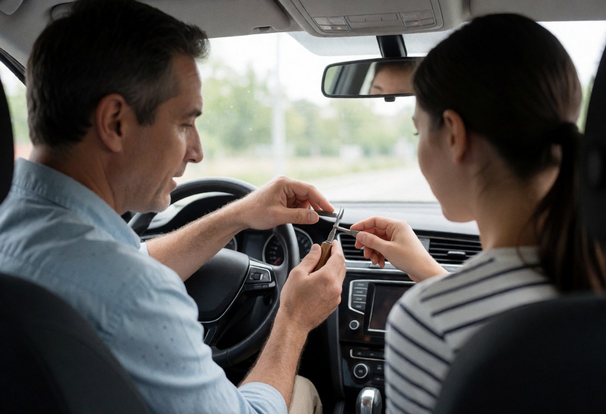 View from inside a vehicle showing a driving instructor and student during a practical lesson on the road