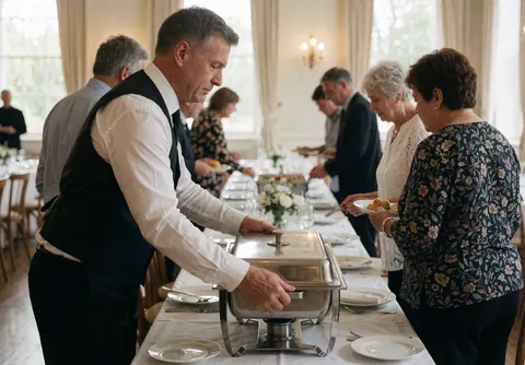 A server in a white shirt and black vest carries a chafing dish along a long dining table set with flowers and silverware during a formal catering event