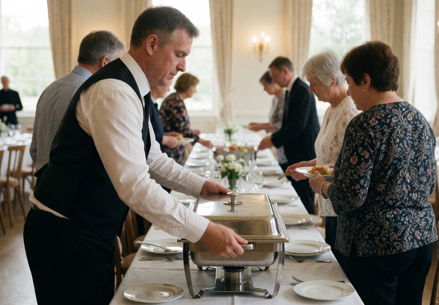 A server in a white shirt and black vest carries a chafing dish along a long dining table set with flowers and silverware during a formal catering event