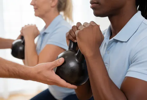 A personal trainer stands behind a client, adjusting their posture while they hold a kettlebell during a gym session