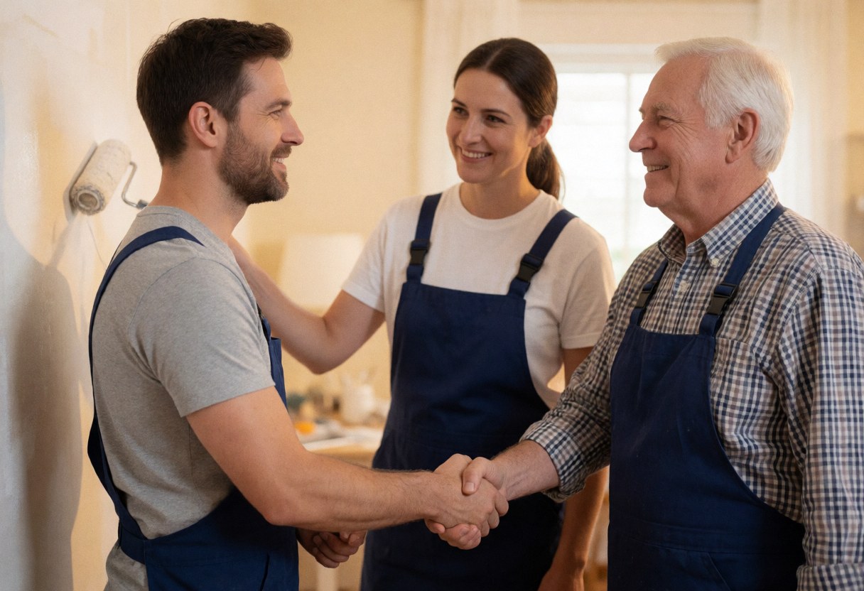 A painter and a client shake hands while a woman watches. All wear aprons in a freshly painted room.