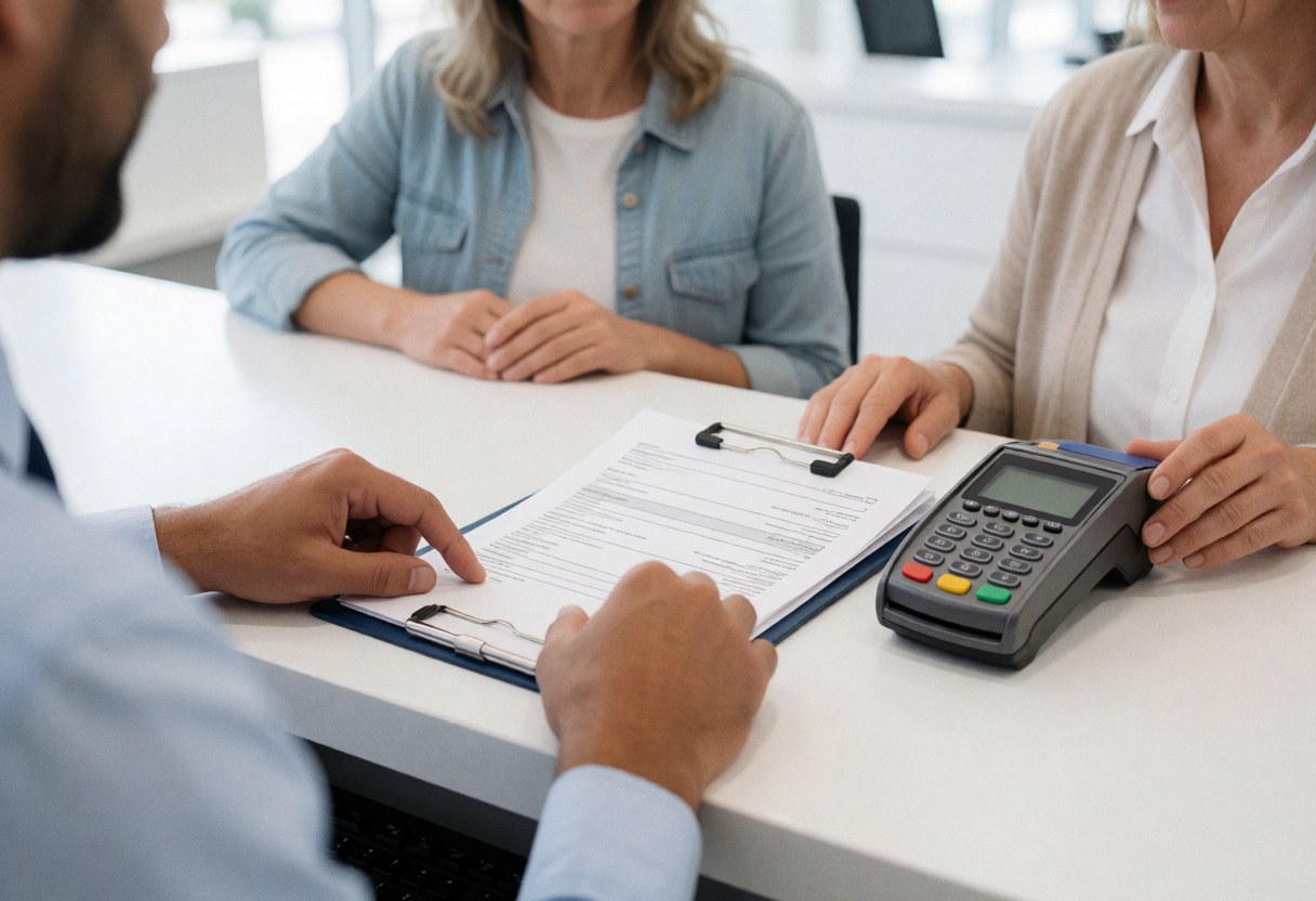 Customer using a payment terminal on a white desk while a cashier reviews a document in a modern office setting.