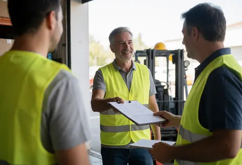 Three men in yellow vests exchange documents in a warehouse. One smiles while handing over a delivery note. The scene is realistic and suitable for logistics.