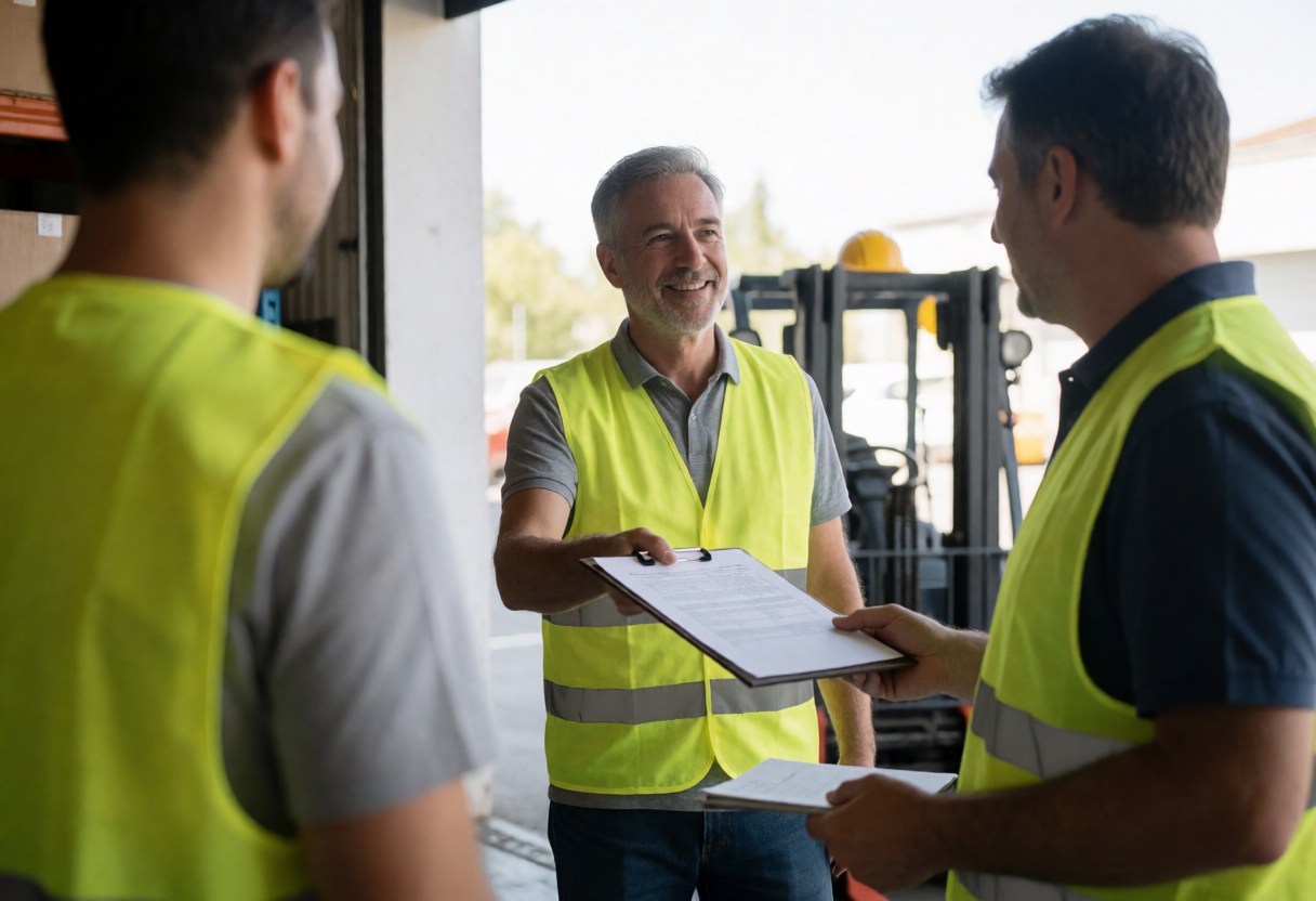 Three men in yellow vests exchange documents in a warehouse. One smiles while handing over a delivery note. The scene is realistic and suitable for logistics.