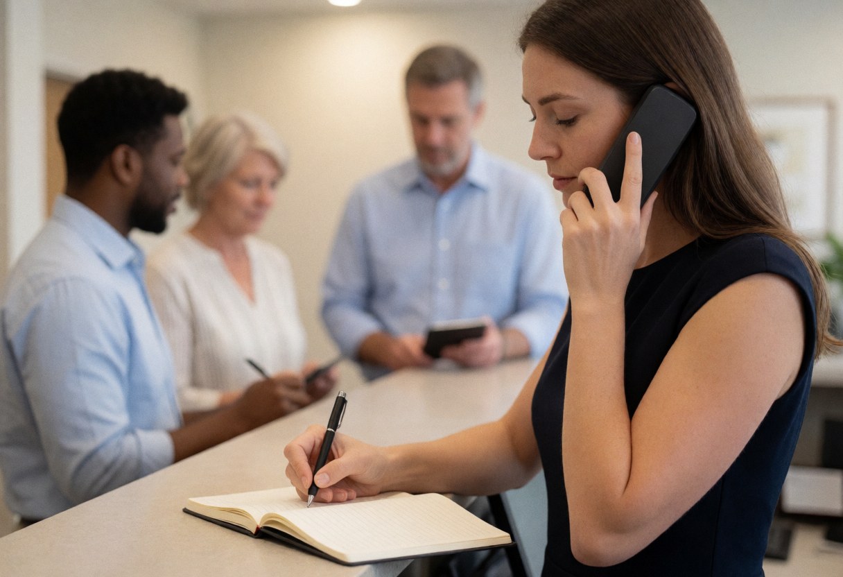 A professional insurance specialist sits at a desk in an office, speaking on a telephone headset while taking notes in a notebook during a business meeting.