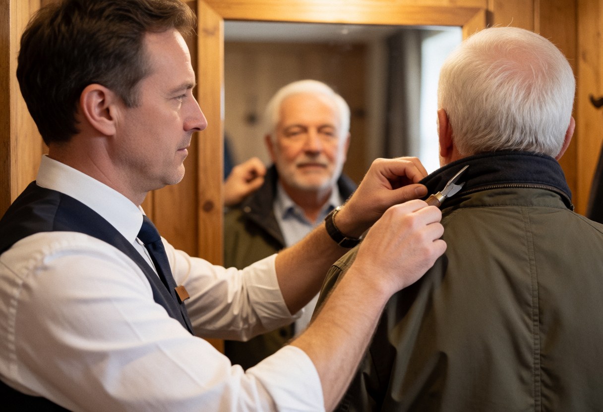 A clothing store assistant adjusts the collar of a jacket on an older male customer in front of a mirror within a warm wooden interior.
