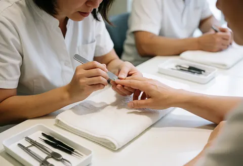 A manicurist in a white uniform files a client's nails on a white towel in a clean professional salon.