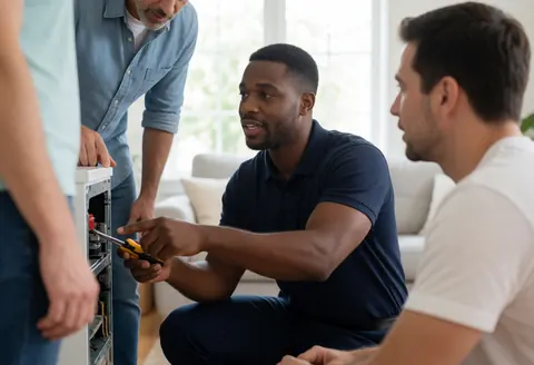 A technician explains home repair details to a client, pointing at electronic equipment while holding tools in a living room setting.