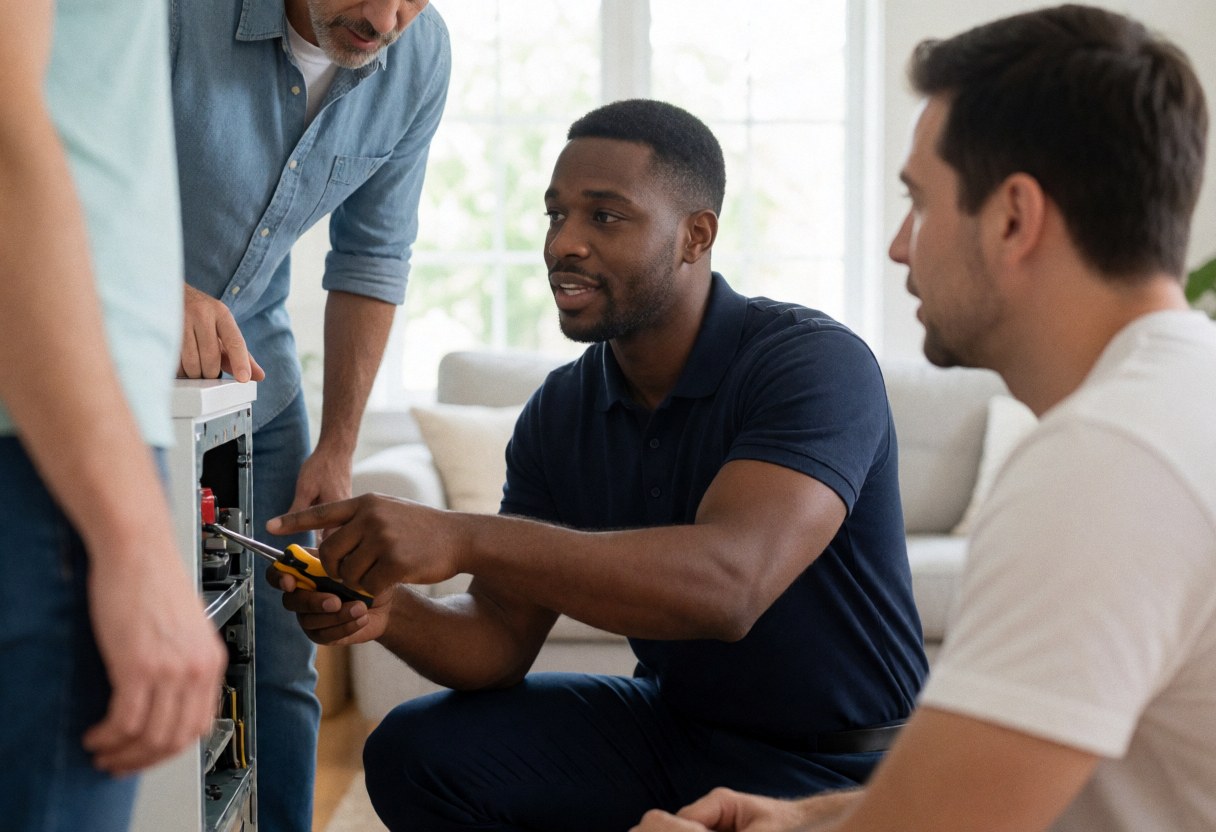 A technician explains home repair details to a client, pointing at electronic equipment while holding tools in a living room setting.