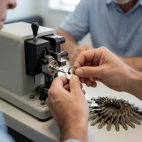 Hands operating a key cutting machine in a hardware store workshop, with a set of new keys nearby on the counter.