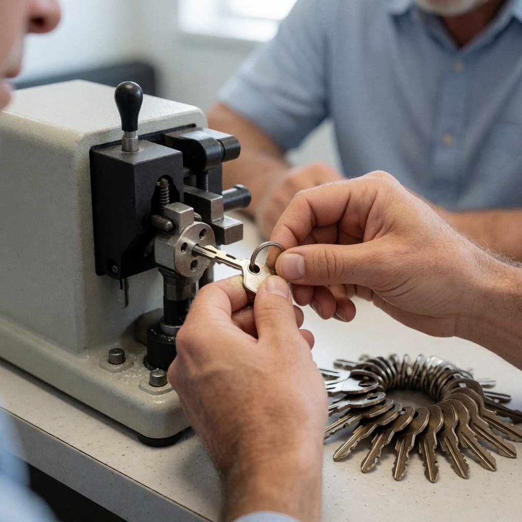 Hands operating a key cutting machine in a hardware store workshop, with a set of new keys nearby on the counter.