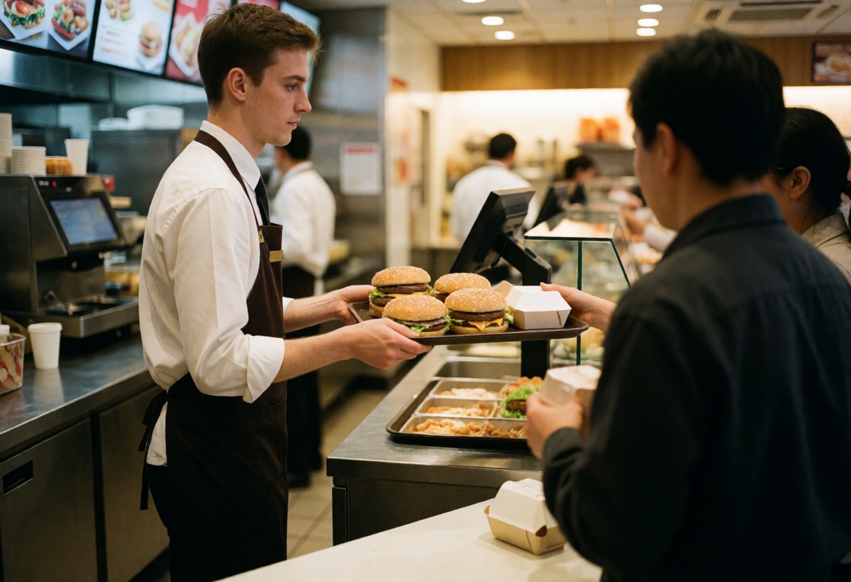 A server hands a tray of hamburgers to a client in a fast food restaurant with a cash register and fries visible in the background.
