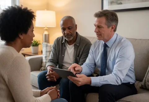 Insurance agent using a tablet to explain a policy to a couple seated on a sofa in a warmly lit living room