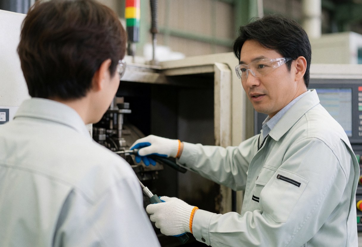 A technician in safety gear explains industrial machinery to a client in a realistic factory setting