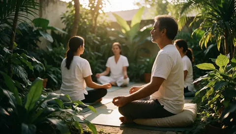 Diverse group practicing yoga in a lush garden with golden sunlight and green plants, creating a serene atmosphere.