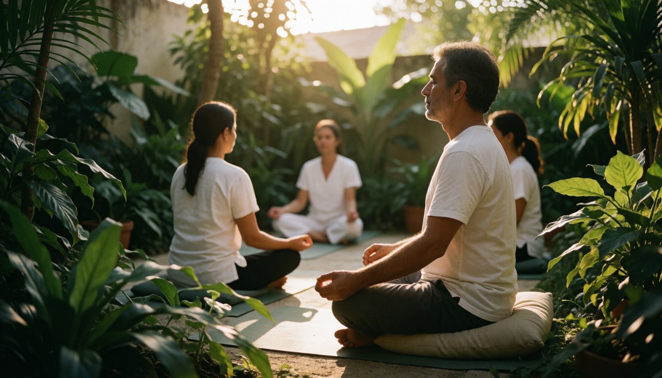 Diverse group practicing yoga in a lush garden with golden sunlight and green plants, creating a serene atmosphere.
