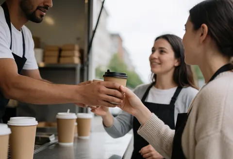 A cook hands a coffee cup to a customer through the window of a food truck while another person smiles in the background during the day.