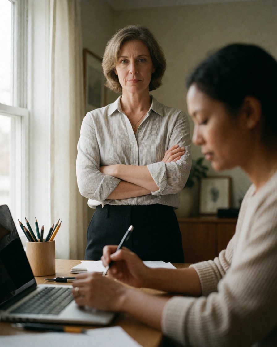 A manager observes a colleague writing in a notebook at a desk with a laptop, pens, and natural light from a window.