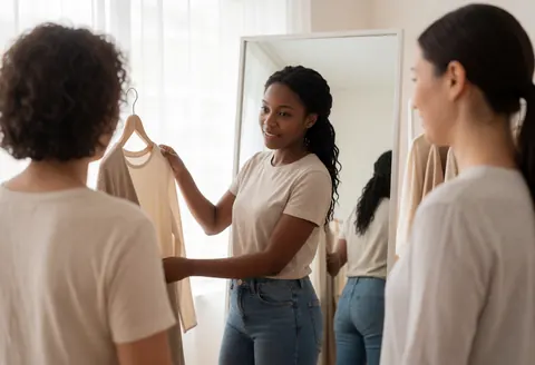 A stylist helps a female client select clothing while the client views a garment in a mirror inside a well-lit fashion store.