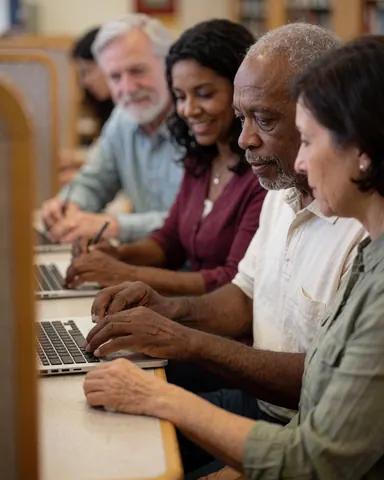 A diverse group of senior adults focused on their laptops in a quiet library, engaged in study and learning.