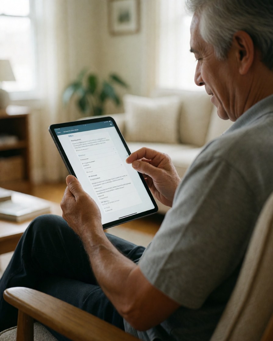 A senior man sits in a bright living room using a tablet, showing satisfaction and focus while engaging with home technology.