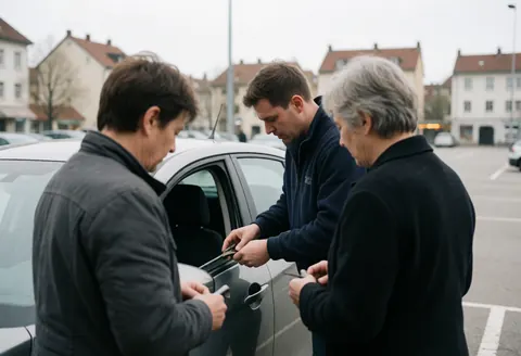 Driving instructor teaching a student parking in an urban lot with visible car and tools under soft cloudy light