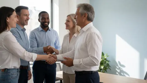 A business coach shakes hands with clients in a bright modern office, conveying trust and collaboration during a professional meeting.