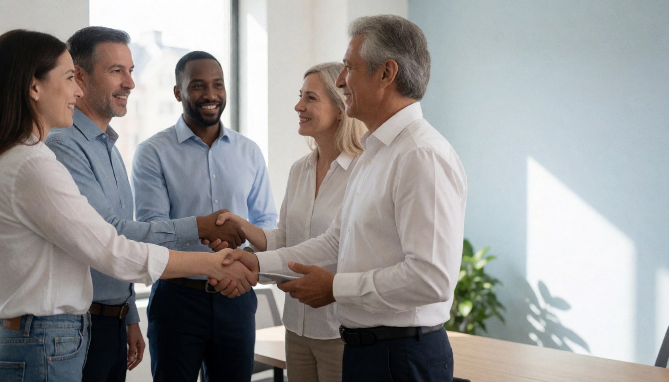 A business coach shakes hands with clients in a bright modern office, conveying trust and collaboration during a professional meeting.
