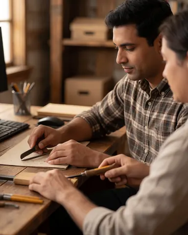 A farmer working at a desk in a rustic office, using a computer and mobile phone, with tools and wood visible in the background.