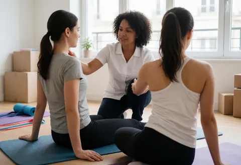 A physical therapist guides a patient performing exercises with resistance bands on a mat in a bright, professional clinic.