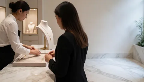 A saleswoman helps a female customer select necklaces in a modern jewelry store with marble flooring and soft lighting.