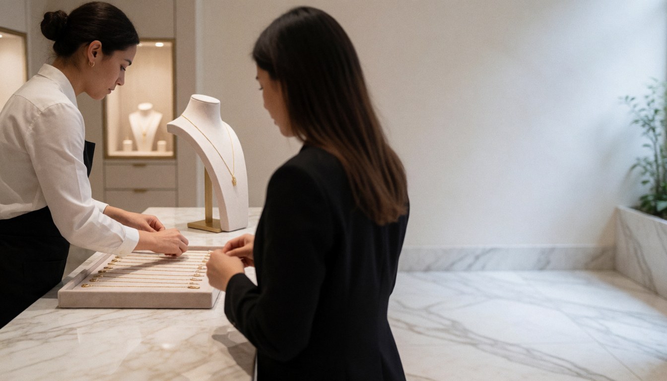 A saleswoman helps a female customer select necklaces in a modern jewelry store with marble flooring and soft lighting.