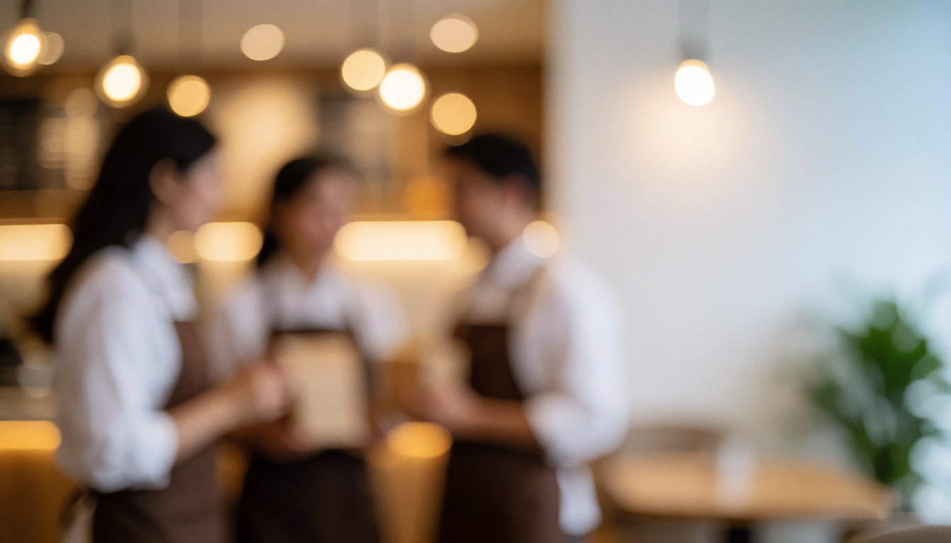 A warm, out-of-focus background featuring soft bokeh lights suitable for a cozy coffee shop or cafe interior setting.