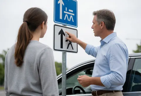 Driving school instructor explains a traffic sign to a young student standing next to a car on a street under a cloudy sky.