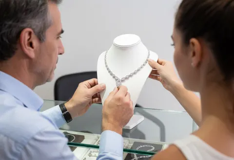A jeweler and a female client examine a diamond necklace displayed on a mannequin inside a jewelry store glass case.