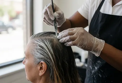 A gloved hairdresser applies hair color to the roots of a seated client in a salon with natural window light