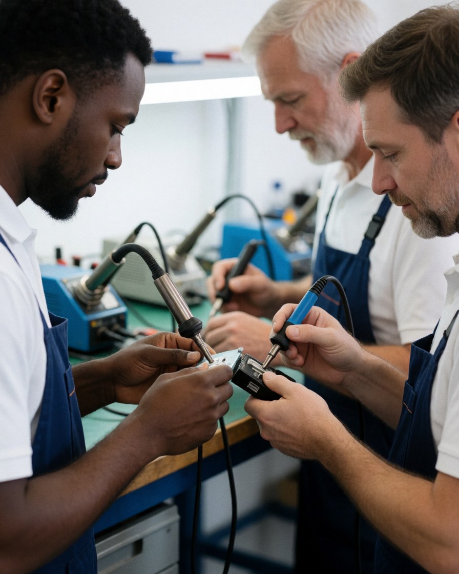 Three technicians working together to repair an electronic device using precision tools in a well-lit workshop.