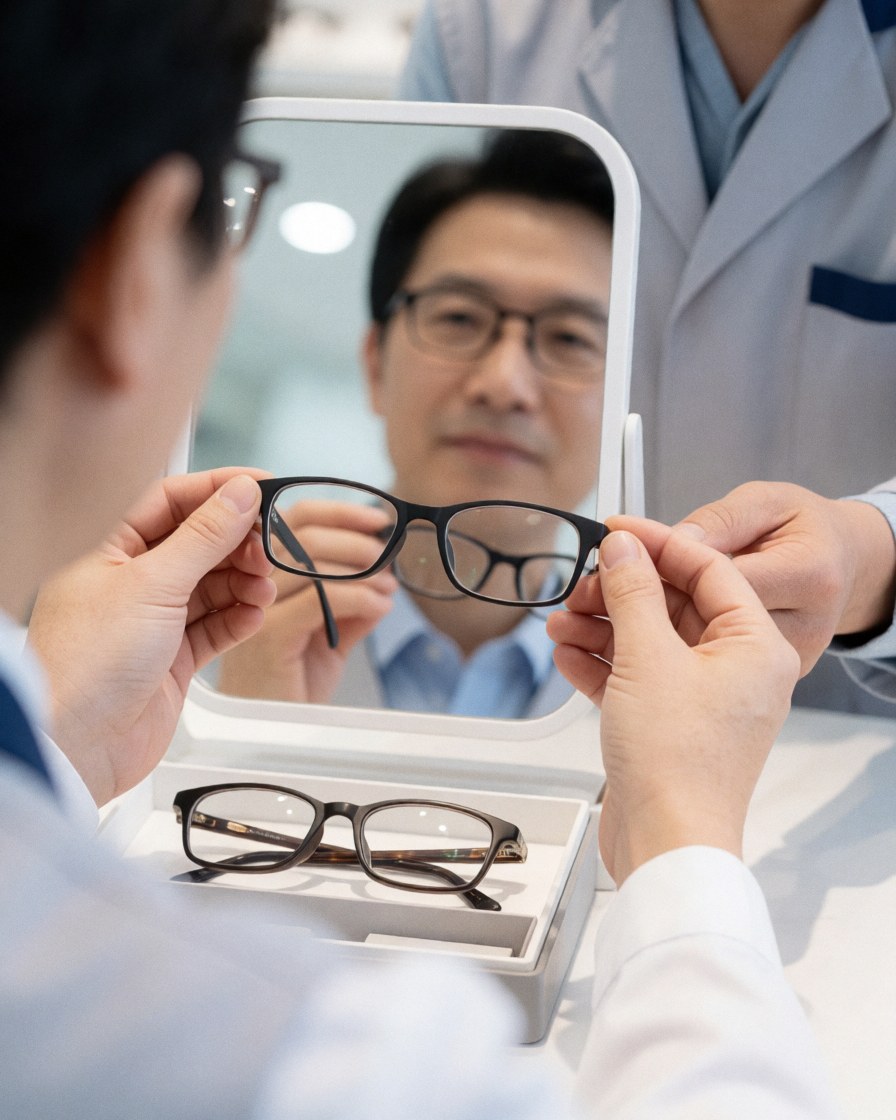 A happy customer tries on new glasses in front of a mirror while an optician offers another frame option in a clean optical store.