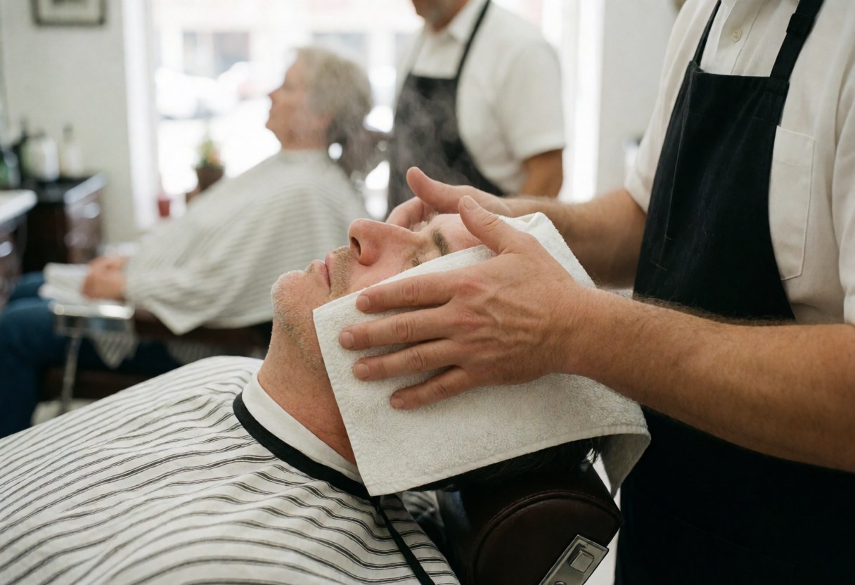 A barber places a hot towel on a client's face in a clean barbershop with natural light.
