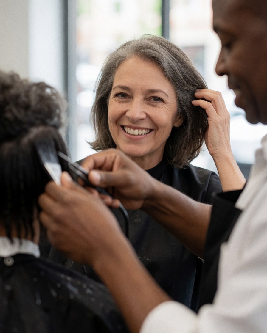 A hairdresser uses scissors and a comb to cut the hair of a smiling female client in a modern salon with natural light.