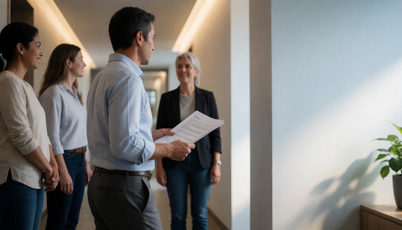 HR director walking through a bright modern office corridor with documents, observed by three colleagues in a professional setting.