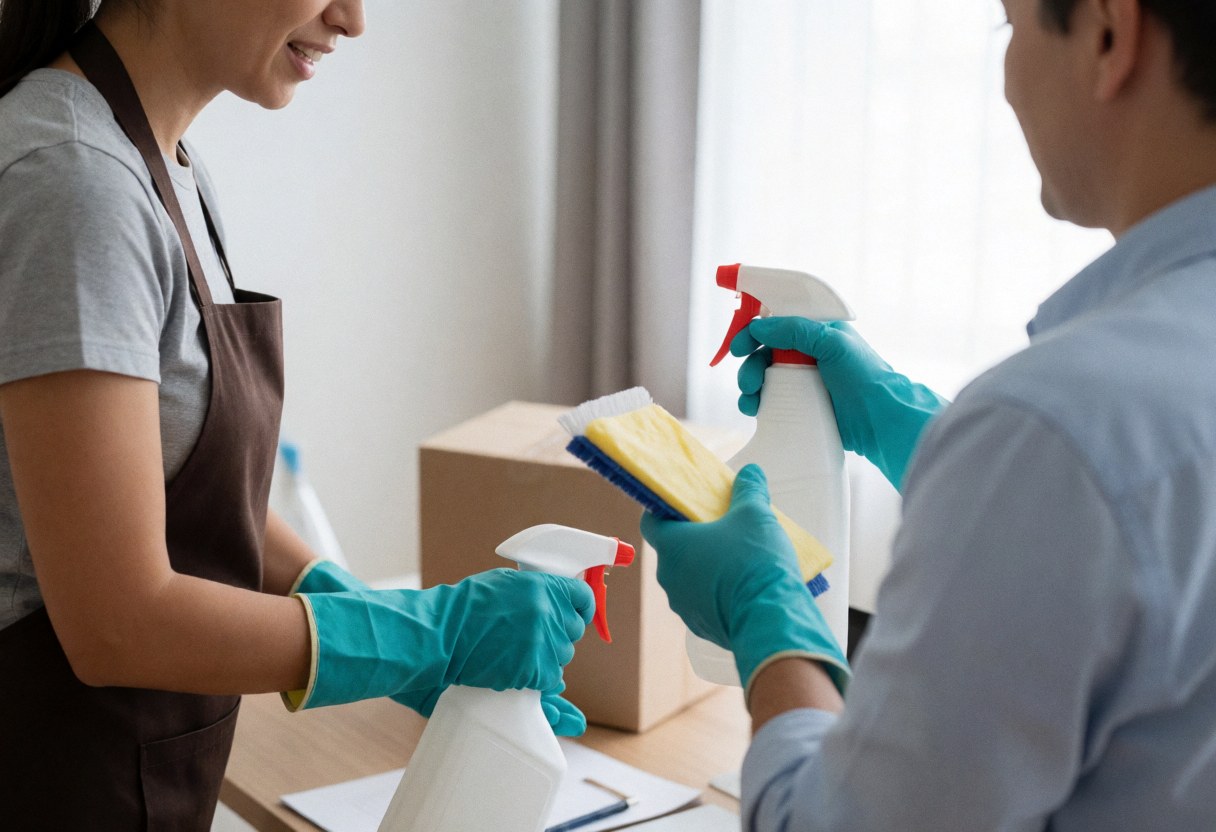 A cleaning professional wearing gloves and holding a sponge explains disinfection protocols to a client in an office setting, both holding spray bottles during a real service interaction.